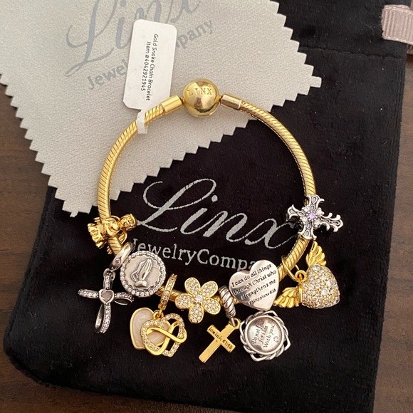 Linx Yellow Gold Snake Chain Bracelet with Religious Themed Charms - Picture 4 of 7